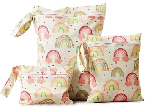 THQAE Wet Bag, 3 Pcs Borsa per Pannolini Lavabili, Porta Pannolini da Borsa Organizzatori Impermeabile Riutilizzabile da Appendere, Wetbag Trucchi Sacchetti Stoffa Neonato Viaggi (Arcobaleno)