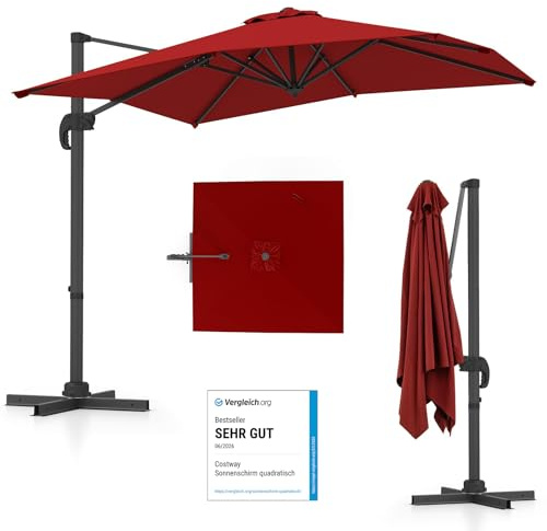 COSTWAY Parasoll Rektangulärt 250 x 250 cm, Stort Trafikljus med Vev, Lutbar och 360° Roterbar Trädgårdsparaply, Terrassparaply med Stabil X-Formad Bas, Röd