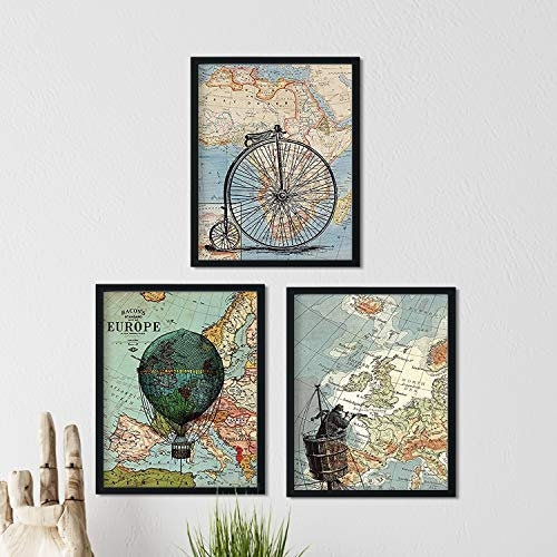 Nacnic Set 3 Stampe artistiche con Immagini di Bici d'Epoca Mongolfiera e Albero Maestro di Un veliero su Sfondo di cartine geografiche di Europa e Africa. 250 Grammi di Alta qualità.