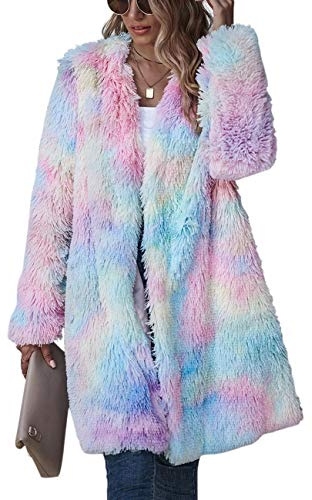 ECDAHICC Women's Rainbow Tye Dye Fuzzy Fleece Long Sleeves Jackets Wool Faux Fur Teddy Bear Long Cardigan Coat Outwear (PI-S)