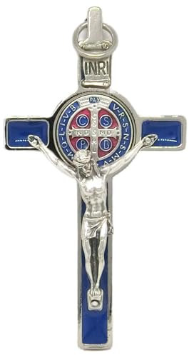 GTBITALY 10.001.11 MS Cruz de San Benito Deluxe tamaño 8 cm azul medalla inri esmaltado a mano plata exorcismo exorcista, Plata