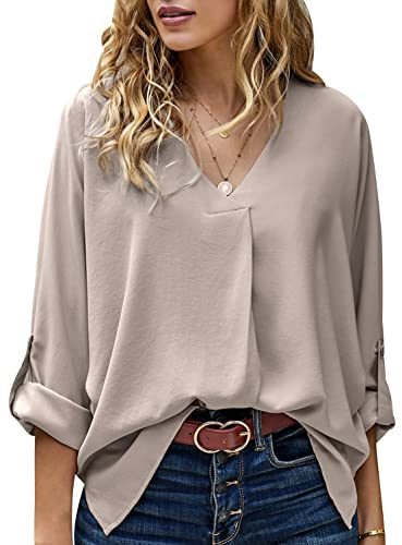 Blouse Femme Col V Manche Longue 3/4 Chemisier Femme Chic Et Élégant Haut Femme Elegant Chemise Oversize Blouse Tunique Fluide Femme Grande Taille Chemisier Mousseline Manches Longues Femmes Kaki 3XL