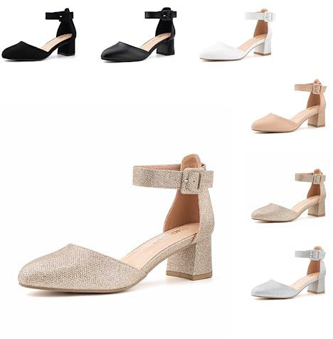 Hitmars Block Heel Sandals for Women Low Mid Court Shoes Strappy Closed Toe Ladies Bridal Wedding Summer Glitter Comfortable Womens N-Champagne(Texture) Size 5 UK=38 EU (9150NSGD/38-Reu)