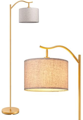EDISHINE LED Floor Lamp, 63 Standing Lamp with Adjustable Linen Lampshade, Modern Arc Floor Lamp for Living Room Bedroom Lounge, Bulb Included, E27 Socket, Gold