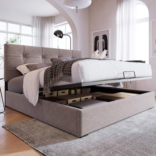 KOMHTOM Double Rembourré Lit Coffre avec Tête de lit Réglable, Rangement sous Le Lit, Sommier à Lattes en Bois(sans Matelas) (140x200CM)