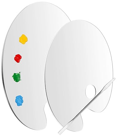 TRKETK 2 Piezas Paletas de Pintura Acrílica Transparente, Paleta de Mezcla de Pintura con Varillas de Mezcla de Colores de Acero Inoxidable Paleta de Pintura de Artista de Forma Ovalada con Orificio