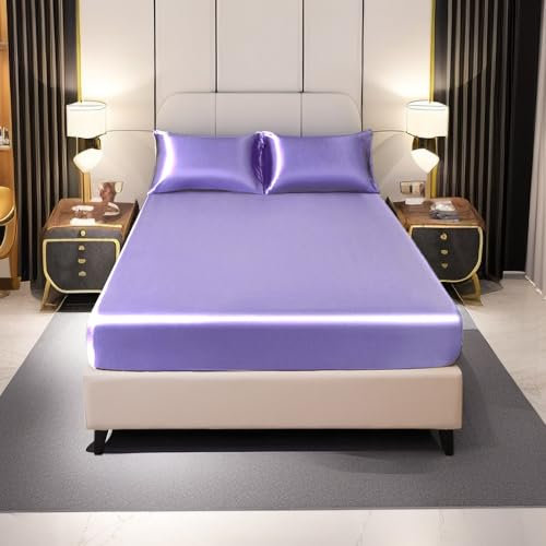 Menkala Satin Spannbettlaken 180x200cm Lila Violett Uni Bettlaken Glänzend Seide Matratzenschoner Glanzsatin Glatt Microfaser Spannbetttuch für Boxspringbett Topper Matratze bis 30 cm