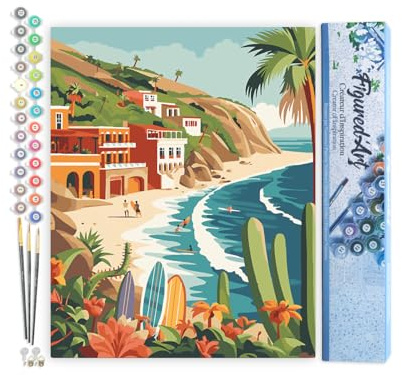Figured'Art Peinture par Numéro Adulte Surf côtier - Activité Manuelle Kit de Loisir Créatif DIY Numéro d'Art Complet - 40x50cm sans châssis en bois
