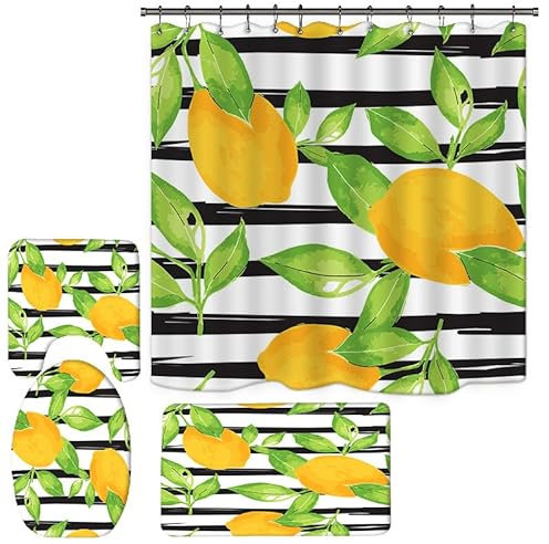 Duschvorhang Zitronengelbe Streifen Badezimmermatte Verdickung Bad Teppiche Set, Duschvorhang Stoff+Bath Mat rutschfeste(45x75cm)+U-Typ Fußmatte Wasseraufnahme+Toilette Badmatte