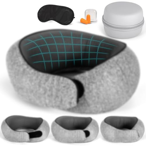 PQETBV Reisekissen Flugzeug, Nackenkissen Flugzeug Memory Foam, Verstellbares Kompaktes Nackenkissen Flugzeug, Ergonomisches Reisekissen mit Ohrstöpseln, Augenmaske, Aufbewahrungsbox