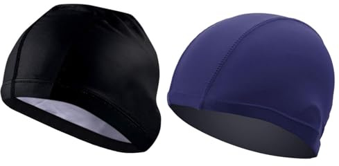 TraderPlus 2 Pack Nylon Fabric Swimming Cap Swim Caps Elasticity Bathing Hat Shower (Black+Dark Blue, One Size)