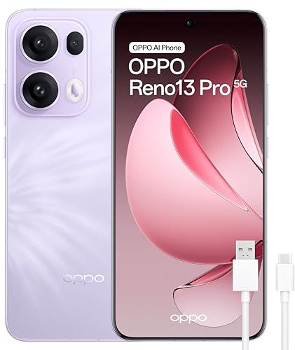 OPPO Reno13 Pro 5G - Smartphone Libre con IA, 12GB RAM + 512, Pantalla AMOLED 6.83 120Hz, Cámara 50MP + Teleobjetivo 3.5x, IP69, Batería 5.800, Carga Rápida 80W, Versión Española - Morado