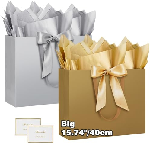 HONTIUS Sacchetto regalo extra grande, 2 verticali da 40 cm, grande sacchetto di carta con carta velina e biglietti, 40 x 30 x 12,5 cm, per matrimoni, compleanni, feste