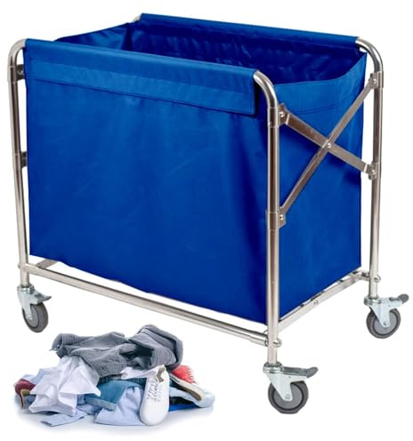 Carro Clasificador de Ropa Plegable, Cesto de Lavandería Comercial para Hotel con Estructura de Acero y Bolsas Extraíbles, Capacidad Total 280 L, Capacidad de Carga 200 Kg/440 Lb(Blue,60x90x88cm)