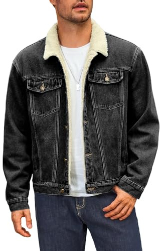 Runcati Giacca di jeans da uomo in pile denim, vintage, per il tempo libero, per le mezze stagioni, calda, soffice, invernale, per le attività all'aperto, con bottoni, Nero , XL