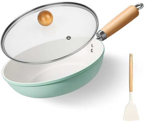 YHNDECO Keramik-Antihaft-Bratpfanne 24cm, Keramikpfanne Induktion mit abnehmbarem Griff und Deckel, Massivholz-Silikonspatel, PTFE-frei PFAS-frei PFOA-frei, Spülmaschinenfest, Beige