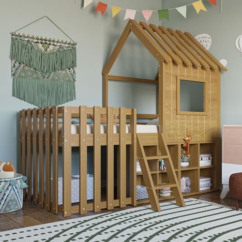 Robust barnsäng i massivt trä med tak och fönster – 90 x 200 cm, inklusive klätterstege, flexibel förvaring och barnsäker design för kreativt spel och hälsosam sömn