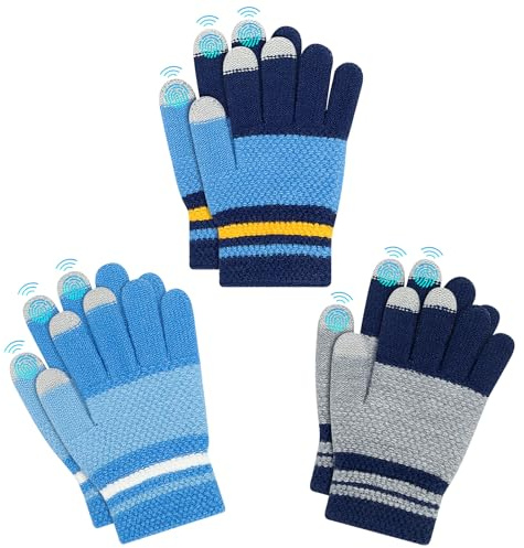 Kiiwah 3 Paires Tricotés Gants pour Enfants, Tctile Chauds Gants Doigts Complets Thermique Magiques pour Enfants Usage Quotidien d'Hiver, Garçons Âgées de 7 à 9 Ans (Bleu, Bleu marine, Gris)
