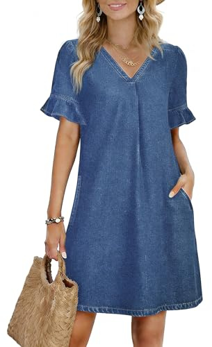 Fengbay Sommar denimklänningar för kvinnor UK V-hals volang kortärmad ledig elegant skiftande damer jeans skjorta klänning med fickor