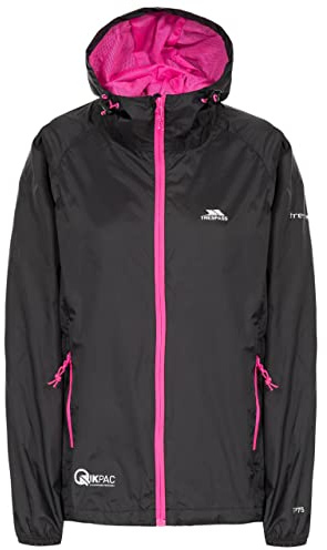 Trespass Womens Waterproof Jacket Qikpac - Shell Rain Jacket, 2 Zip Pockets, Full Body Length Front Zip, Adjustable Grown On Hood, Ventilated Back Yoke, Packs Away in Pouch