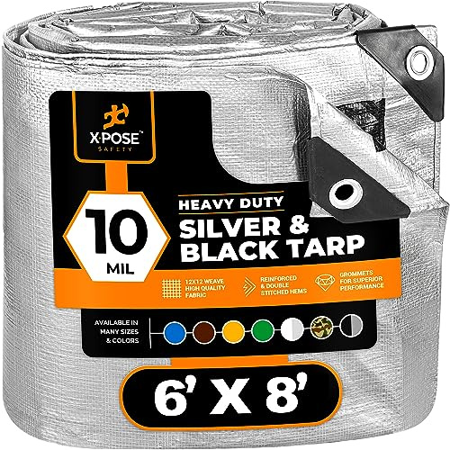 Lona de poliéster Resistente, 6 x 8 pies, 10 mm de Grosor, Impermeable, con Bloqueo UV, Reversible, Color Plateado y Negro, Revestimiento Laminado, Ojales Xpose Safety
