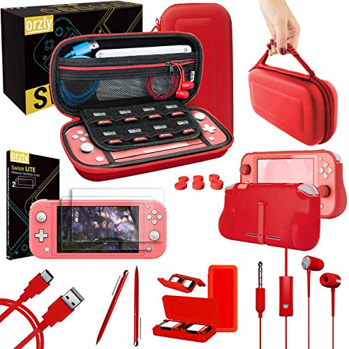 Orzly Accessoire Pack Compatible Avec Nintendo Switch Lite (2019) - Pack Comprenant: Protecteurs d'écran en Verre Trempé, Câble Type C, Housse [Étui Rigide], Coque Comfort Grip Case et Plus. - Rouge