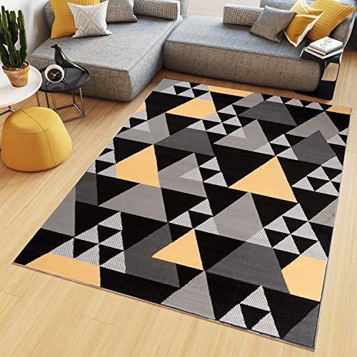 TAPISO Maya Kollektion Teppich Wohnzimmer Kurzflor Modern Dreiecke Meliert Design Schwarz Gelb Grau Schlafzimmer Büro Küche ÖKOTEX 80 x 150 cm