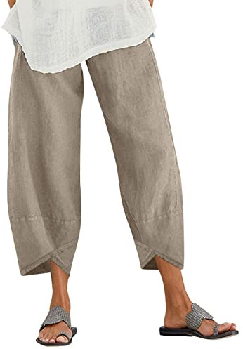 ZANZEA Leinenhose Damen Sommer 7/8 Baggy Haremshose Weite Culottes Hosen Große Größen Hippie Hose Casual Yoga Hosen Leichte Strandhose B-Beige S