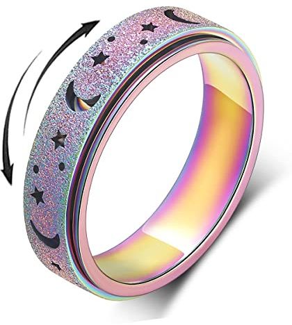AmorArtSky Ring for Women and Men: Titanium Stainless Steel Spinner Ring, 5 Colors, Size 7, Fidget Ring, Moon Star, Hollow Outer-Rainbow