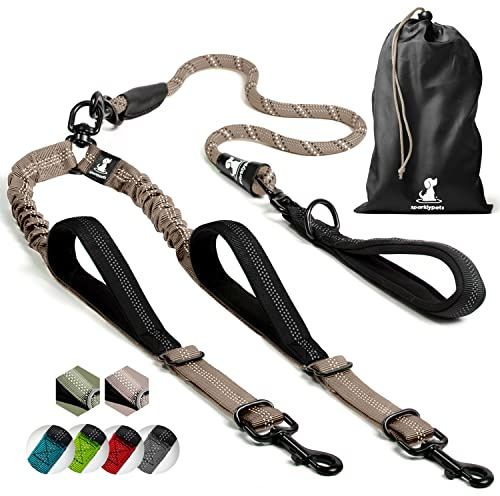 Laisse élastique Robuste pour Chiens de Grande et Moyenne Taille avec Anti-Traction pour Absorption des Chocs - Laisse réfléchissante antidérapante pour l'extérieur (Marron, pour 2 Chiens)