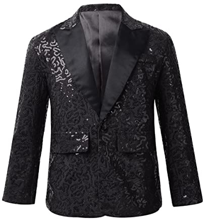 dPois Veste Blazer Enfant Garcon Paillettes Costumes d'honneur Mariage Cérémonie Soirée Manteau Gentilhomme Vestons Anniversaire Banquet Party Fête 5-16 Ans Noir 15-16 Ans