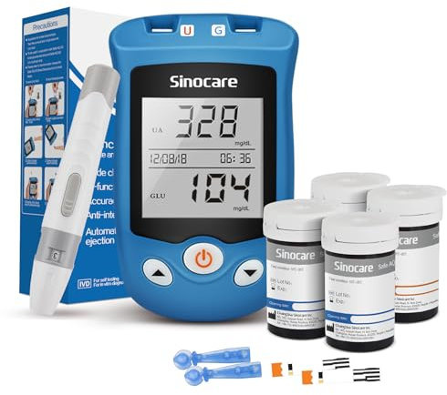 Sinocare Safe AQ UG 2 en 1 Kit de Prueba, Medidor de glucosa en sangre y ácido úrico, con 50 Tiras Glucosa y 50 Tiras Ácido Úrico