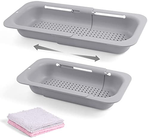 AUAUY Siebkorb über der Spüle, 34-48CM Ausziehbar Sink Strainer Basket, Abtropfsieb Sieb Spülbecken BPA Frei mit 2 Einem Handtuch, Gemüse und Obst Waschen, Gekochte Nudeln Abtropfen Lassen (Grau)