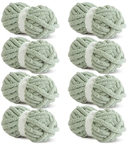 HOMBYS Sage Green Chunky Chenille Yarn for Crocheting, Bulky Thick Fluffy Yarn for Knitting,Super Bulky Chunky Yarn for Hand Knitting Blanket, Soft Plush, 8 Jumbo Pack (27 yds,8 oz Each Skein)