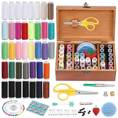 196 Pcs Sewing Accessories Wooden Sewing Box with Sewing Kit Accessories Organize Box with Needle Thimble Pin Cushion Button for Travel, Camping, Home DIY