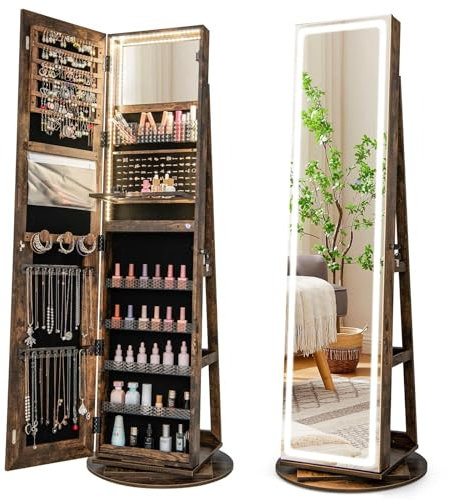 RELAX4LIFE Schmuckschrank, Schmuck Spiegelschrank stehend, Standspiegel mit LED-Lichtern, mit Ganzkörperspiegel, 3 Ablagen, 360° drehbar, abschließbar, mit Schlüsseln(Kaffee)