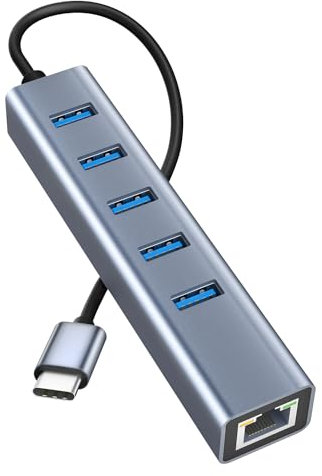 Adattatore USB C Ethernet,Hub USB 3.0 con 5 Porte USB 3.0 e 1 Porta LAN RJ45 1000M Gigabit in alluminio Ethernet USB C per MacBook,Mac OS,iMac,Windows,Chrome,Surface,XPS