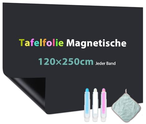 Warasee Pellicola Lavagna Nera Magnetica, 250x120cm Carta Lavagna Cancellabile, Lavagna Adesiva per Muro, Per Cucina, Ufficio, Casa, Ristorante, Viene Fornito, Con 3 Gessetto, 4 Magneti, 1 Panni