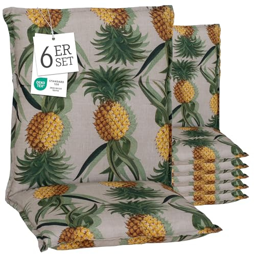 Beo® Turin Niedriglehner Gartenstuhl-Auflagen 6er Set | Waschbar bei 30°C | Made in EU | Öko-Tex Standard | Atmungsaktiv | UV-beständig | Ananas Motiv | Extra Dicke Sitzkissen Outdoor