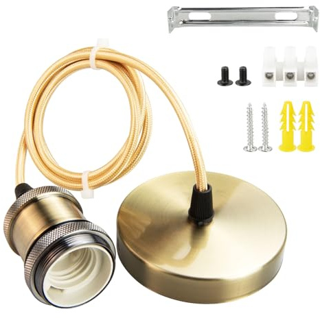 Urcianow PortaLámparas con Cable Trenzado Bronce con Casquillo E27 y Cable Trenzado plateado ajustable de 1M para Rosetones de Techo (diámetro: 10 cm) Ideal para Iluminación de Techo