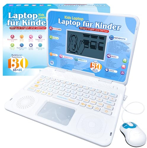 Happiegg Kinder Laptop - Bilingualer Lerncomputer (DE/EN) mit 9,7x5,2cm Bildschirm für Mathe, Alphabet, Musik & Spiele