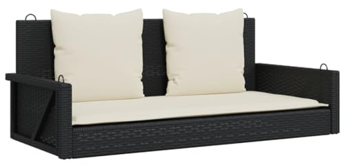 GeenYuu Gungbänk med kudde, svart, 119 x 56 x 48 cm, poly rotting trädgårdsbänk, balkongbänk, terrass, utomhusbänk med ryggstöd och armstöd för avslappnade sittplatser utomhus