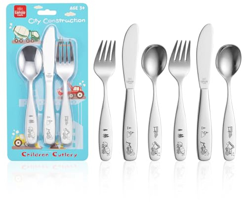 Lehoo Castle Toddler Cutlery Set, 6-Piece Stainless Steel, Vehicles | 2 Complete Place Settings, Rounded Edges, Child-Sized Design, Dishwasher Safe, Self-Feeding Practice