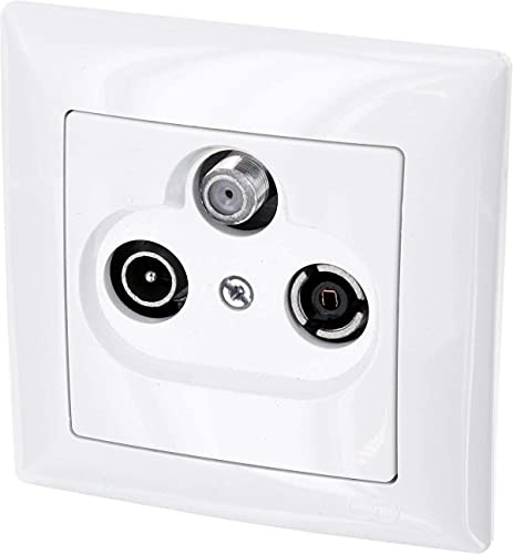 UP Antenna Socket 3-Hole End SAT Cable TV Radio – All-in-One – Frame + Flush-Mounted Insert + Cover (Series G1 Pure White)