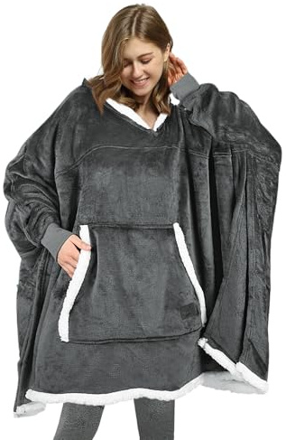 Catalonia Classy Sweat-shirt à Capuche Surdimensionné, Couverture de Poncho Sherpa Portable, Pull Portable Super Doux et Chaud, énorme Pull à Capuche Adulte Hommes Femmes, Gris