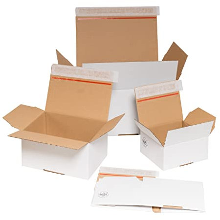 karton-billiger Versandkarton Versandschachtel mit Automatikboden, Selbstklebestreifen und Aufreißfaden, 3 Größen, Farbe weiß - 10 Stück (A4+ - 310 x 230 x 160mm)