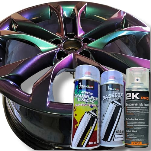 PMcolours Flip Flop Lack mit Multi Color NEPTUNE (grün-blau-violett) Chamäleon-Effekt Sprühset, (1x Flip Flop Sprühfarbe + 1x Basisspray Schwarz + 1x 2K-Klarlack), 3x Spray, 1200ml