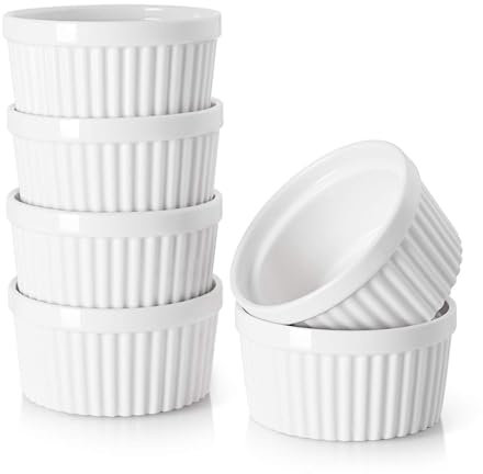 Ramequines de porcelana blanca, 175 ml, moldes para hornear soufflé, plato de porcelana para pasteles pequeños, crema brulee, pudín y salsa de helado, paquete duradero de 6 unidades