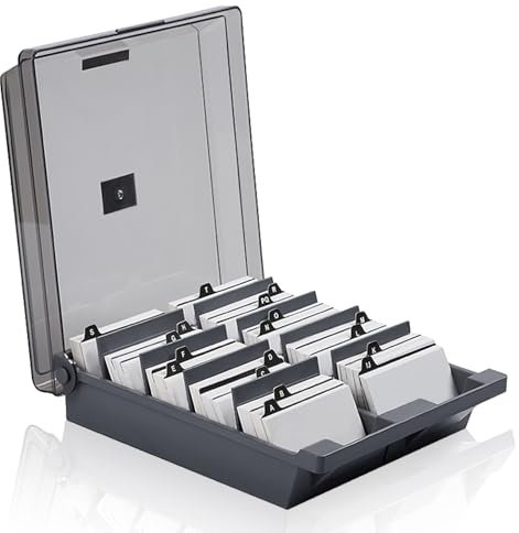 WOUMON Visitenkartenbox,1000 Karten Visitenkarten Aufbewahrungs Box, Desk Visitenkarten Box mit 8 Teilerplatinen und A-Z Index Registerkarten (Grau)
