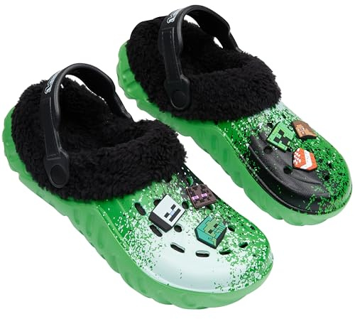 Minecraft Jungen Clogs mit Plüsch-Fleecefutter & Charms, ideal als Garten Clogs oder Kinder Hausschuhe (Green/Multi, 36-37 EU)